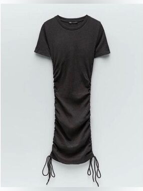 Zara grey Ruched ribbed short sleeve drawstring Mini Dress
